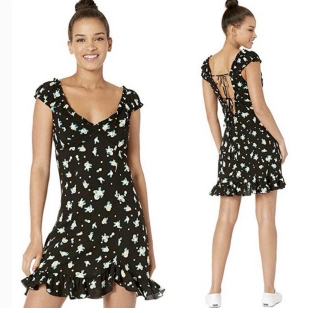 Free People Like A Lady Size L Citrus Printed Mini Dress Black Combo Linen Blend